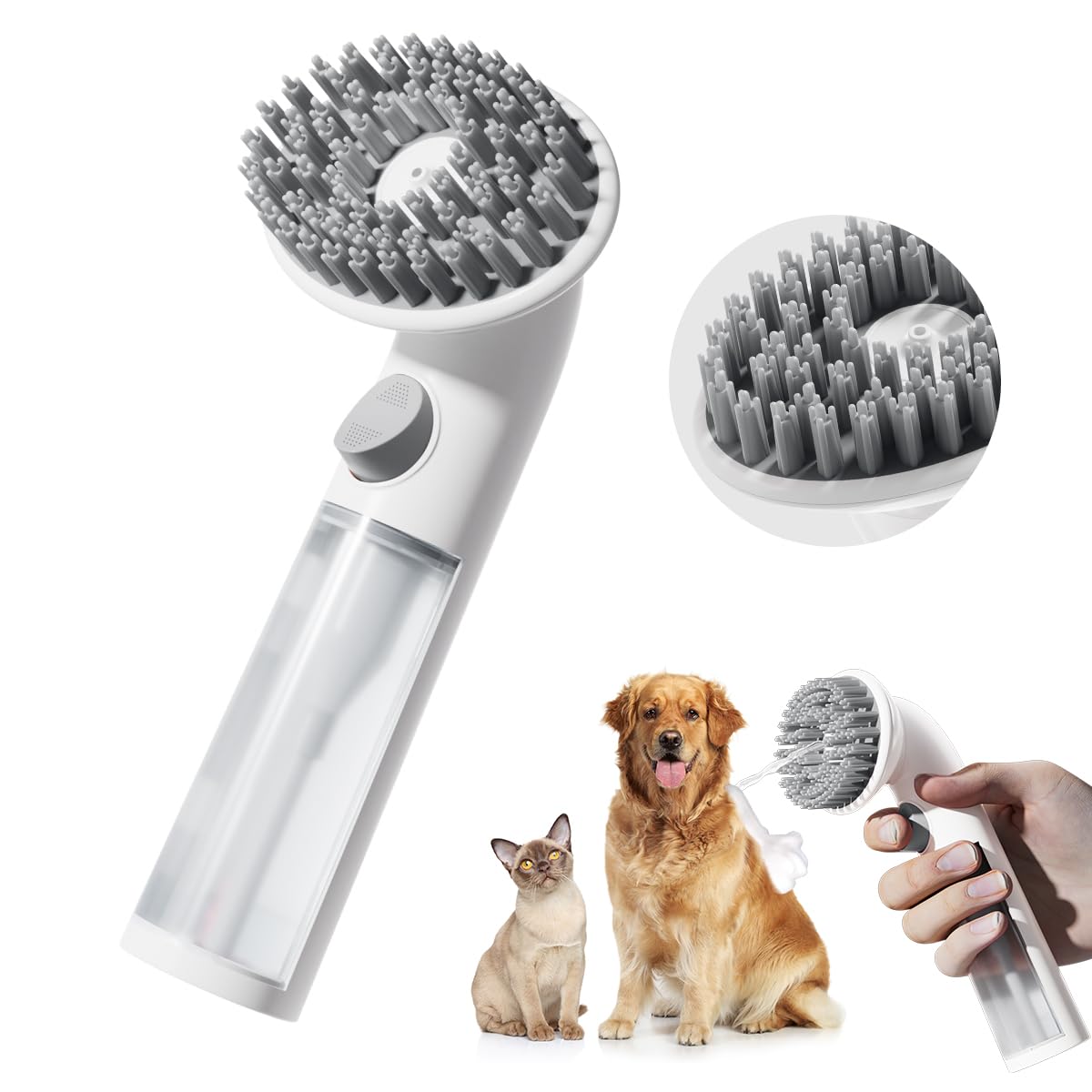 Stryfull Pet Bath Brush Shampoo Dispenser for Cats Dogs Cat Clean & Massage Brush with Soft Silicone Bristles for Pet Grooming Washing (White & Grey)