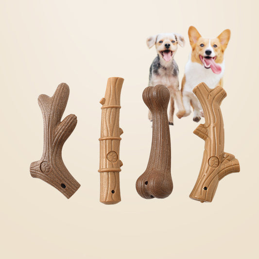 bite resistant dog toys for small dogs displayed with two happy dogs in the background.